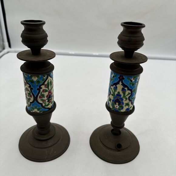 Set 2 Antique French Brass & Bronze Candlestick w/Longwy Pottery Column. 9” Tall - Picture 1 of 10